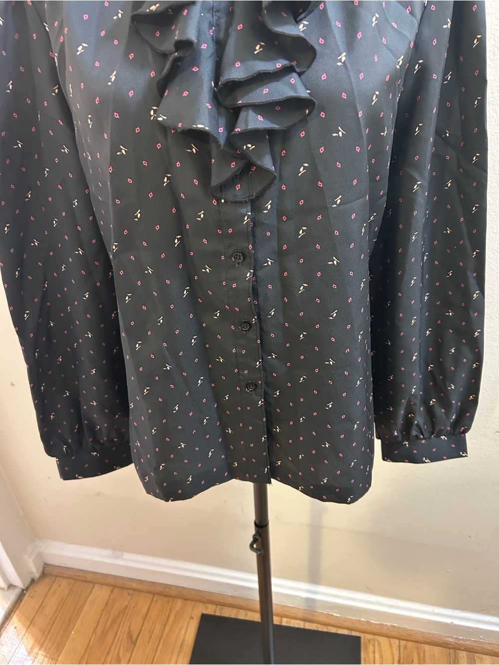 Black Ruffle-Neck Long Sleeve Blouse with Pink  Print* - Picture 7 of 14